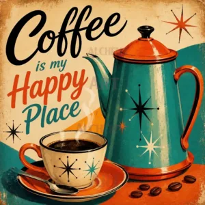 Retro vintage 1950s mid century modern kitchen wall art print featuring a steaming coffee cup, teal atomic starburst coffee pot, and the quote Coffee is my happy place from Aialchemyart.co.uk.