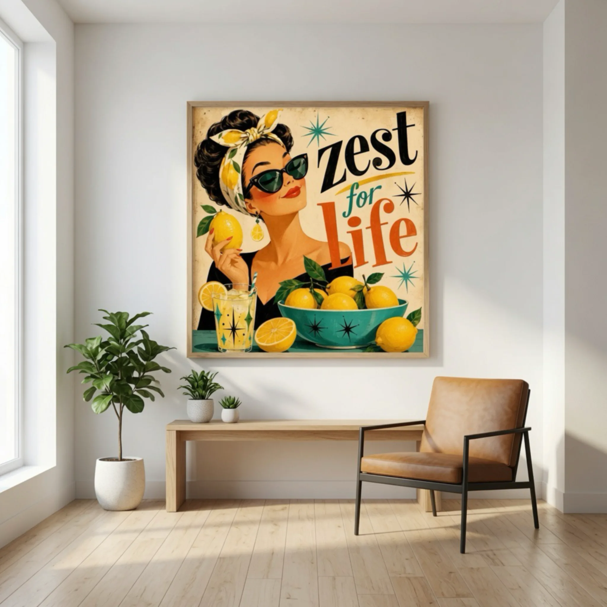Vintage 1950s mid century modern retro "Zest for Life" lemon lady wall art print with sunglasses and citrus bowl retro wall art Aialchemyart.co.uk