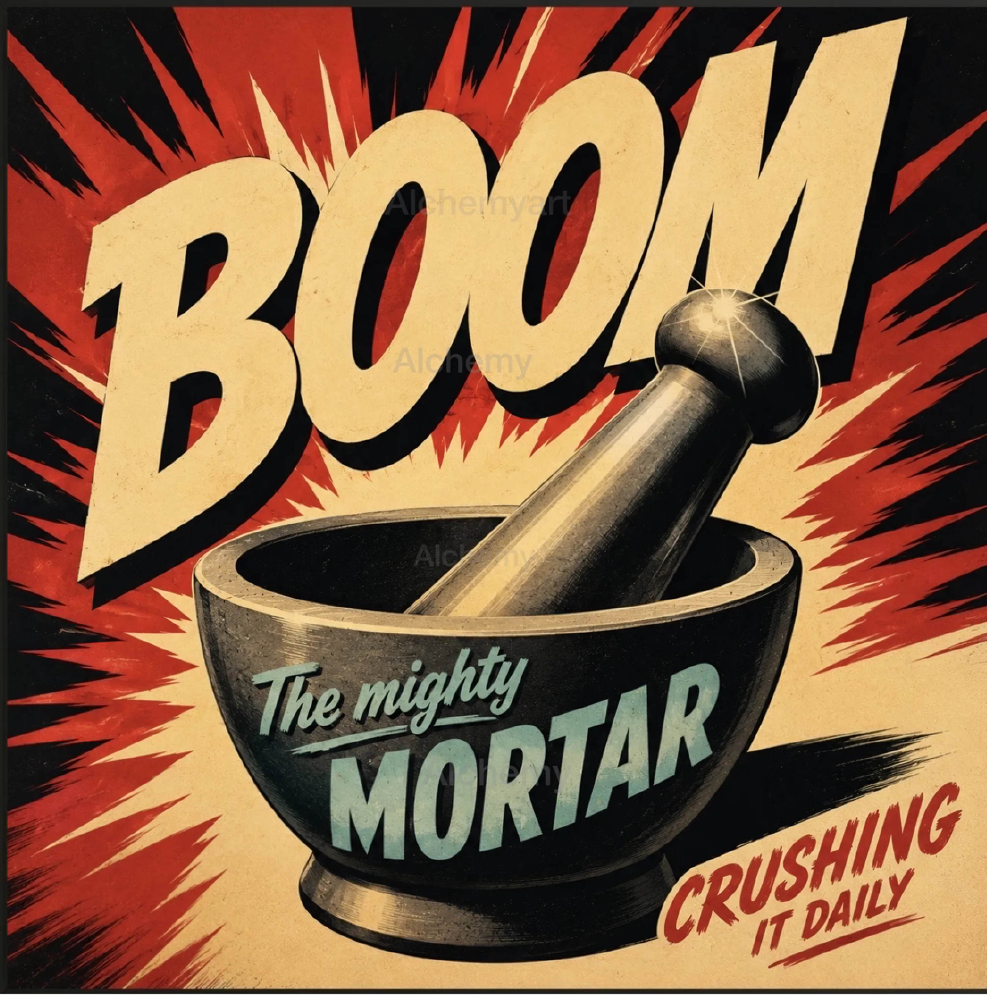 Vintage kitchen poster. Boom the mighty mortar art. retro kitchen poster print mortar and pestle wall art. Aialchemyart.co.uk retro 1950’s affordable kitchen art mid century modern