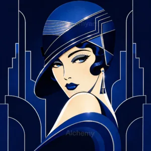 Vintage Art Deco style illustration of a glamorous 1920s woman wearing a blue cloche hat and earring against a geometric blue skyscraper backdrop Aialchemyart.co.uk