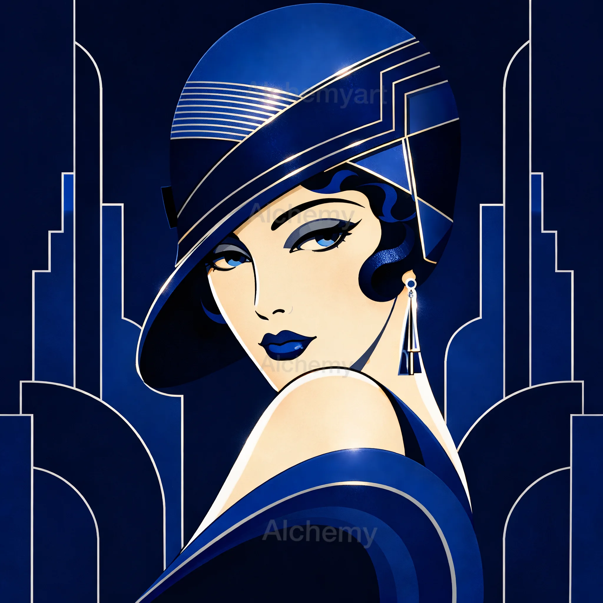 Vintage Art Deco style illustration of a glamorous 1920s woman wearing a blue cloche hat and earring against a geometric blue skyscraper backdrop Aialchemyart.co.uk