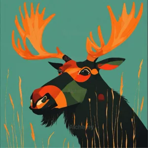 Vintage abstract funky moose head with bright orange antlers and abstract geometric face details against a teal background with tall grass. Retro 1950’s funky wall art prints at Aialchemyart.co.uk retro nature wildlife wall art
