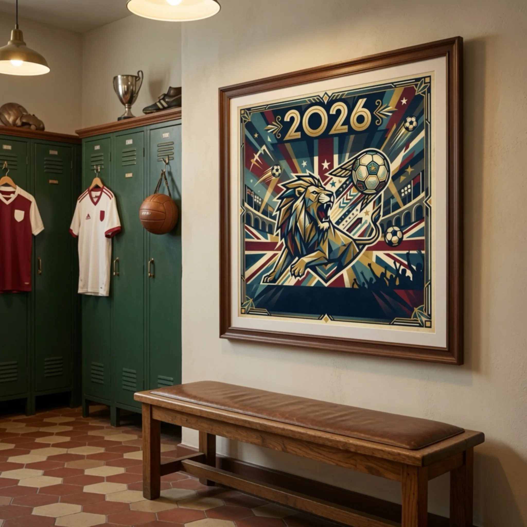 Vintage Art Deco style illustration of a roaring geometric English lion and a flying football in front of a Union Jack flag and a stadium crowd with the year 2026 written at the top. Retro football soccer wall art poster at Aialchemyart.co.uk