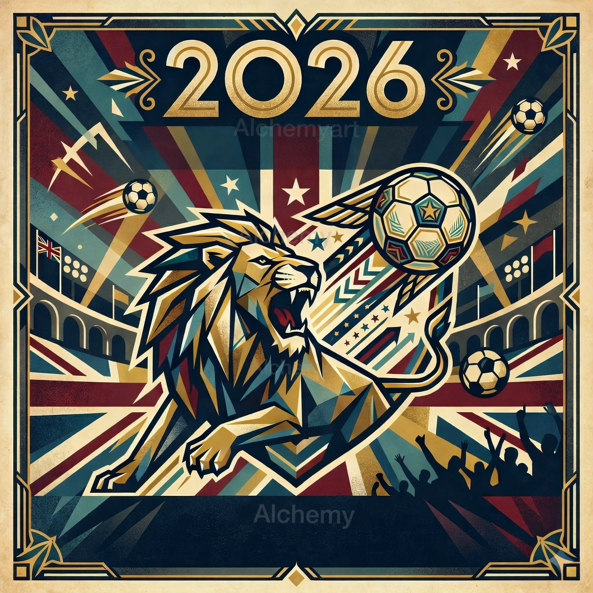 Vintage Art Deco style illustration of a roaring geometric English lion and a flying football in front of a Union Jack flag and a stadium crowd with the year 2026 written at the top. Retro football soccer wall art poster at Aialchemyart.co.uk tradition English British sports wall art poster prints